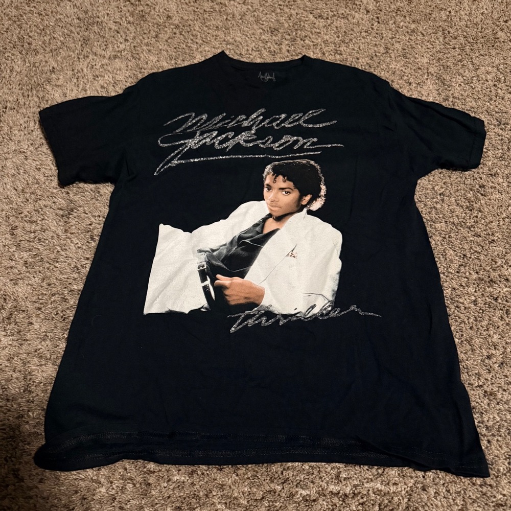 Michael Jackson Thriller Graphic T-Shirt Mens Medium Black Silver Glitter Logo